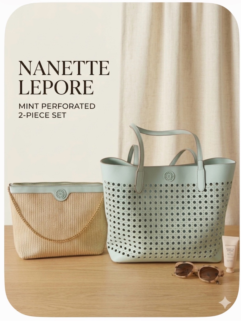 Nanette Lepore Surf Spray Perforated Tote & Chain Shoulder Bag 2pc Set NWT